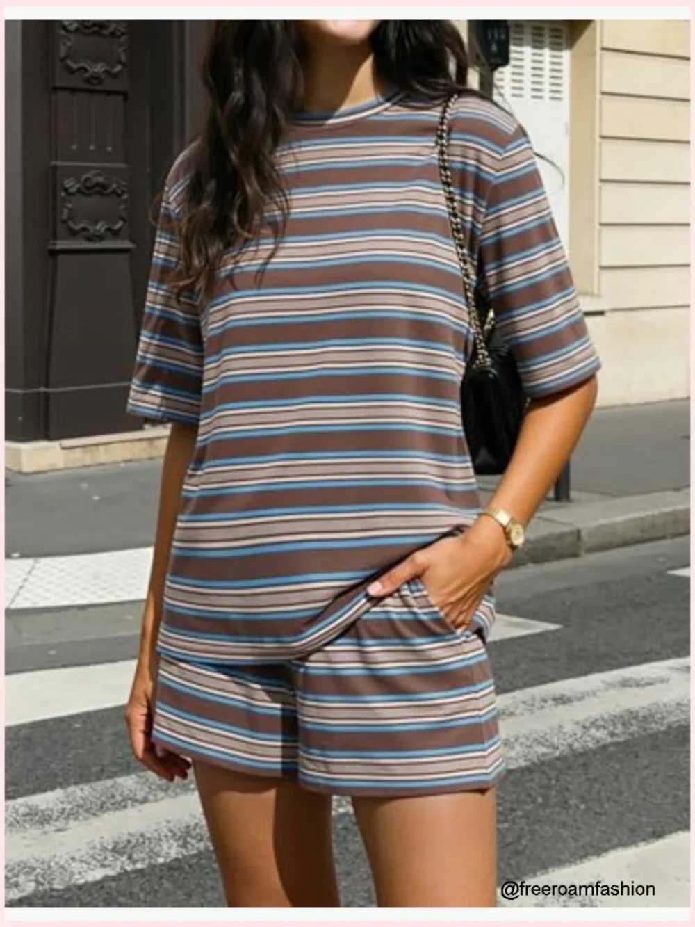 Women's 2 Piece Short Set Striped Loose Fit Lounge Matching Airport Travel